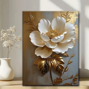 Elegant White Floral Canvas Art Vintage Gold Flower